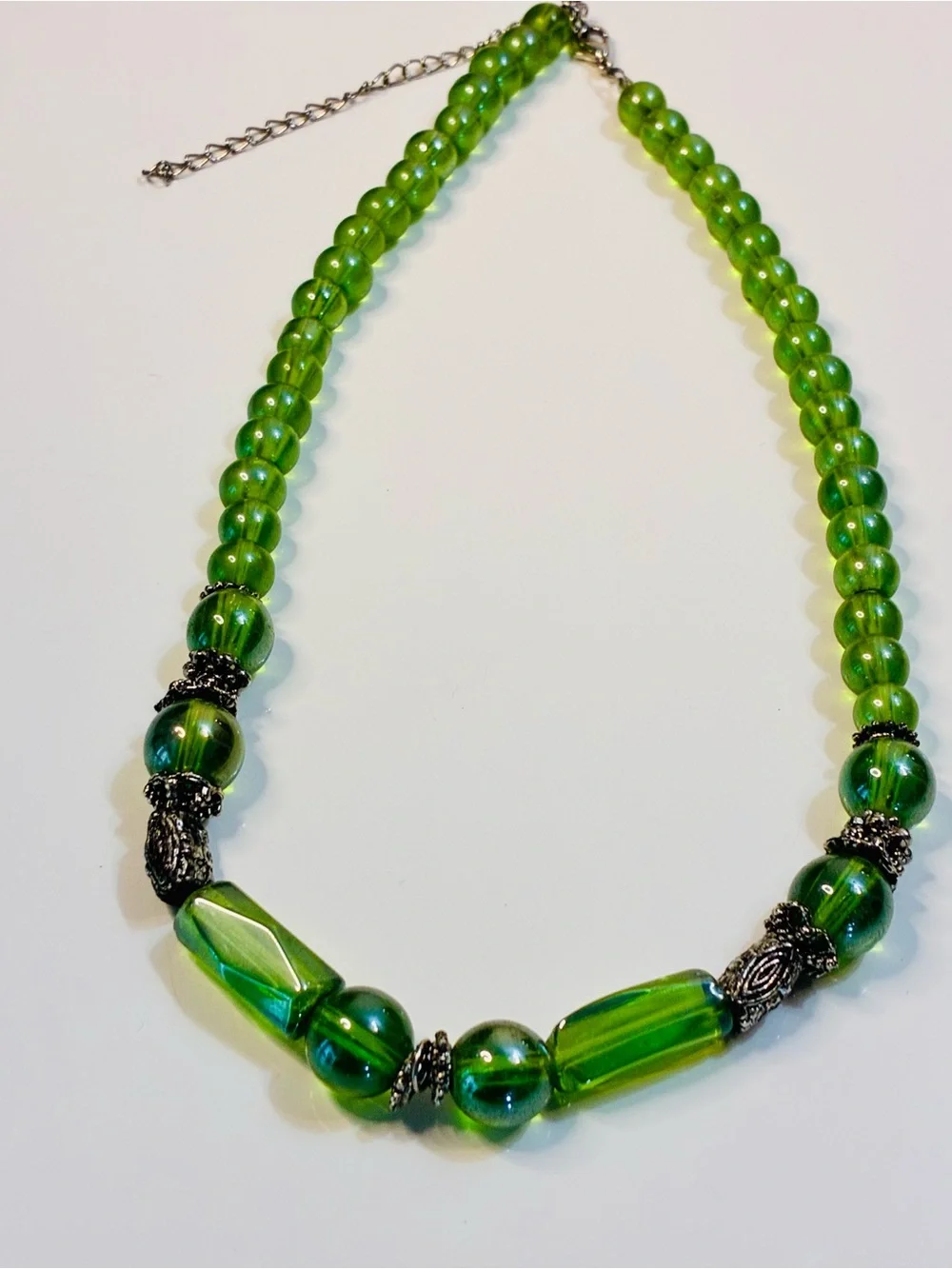 Vibrant Green Glass Bead Necklace with Silver-Tone Accents